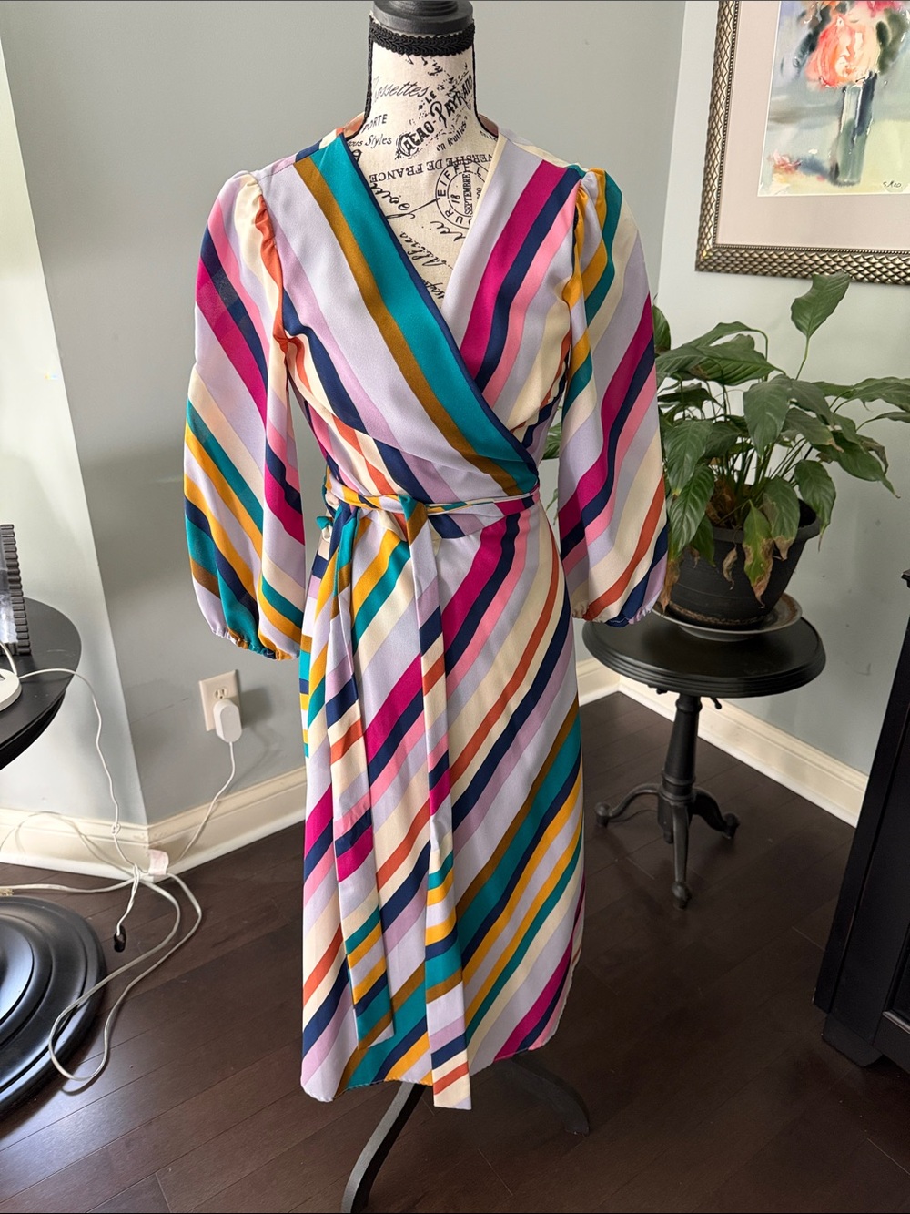 Multicolor Striped Wrap Midi Dress with Self-Tie Waist